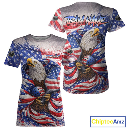 Custom Eagle US Flag Paint Pickleball Ball & Paddle T-Shirt Patriotic Pickleball Jersey For Women NYN2580
