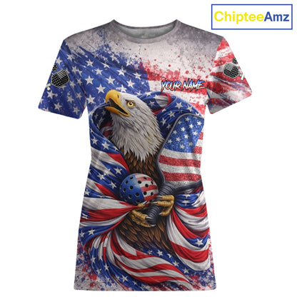 Custom Eagle US Flag Paint Pickleball Ball & Paddle T-Shirt Patriotic Pickleball Jersey For Women NYN2580
