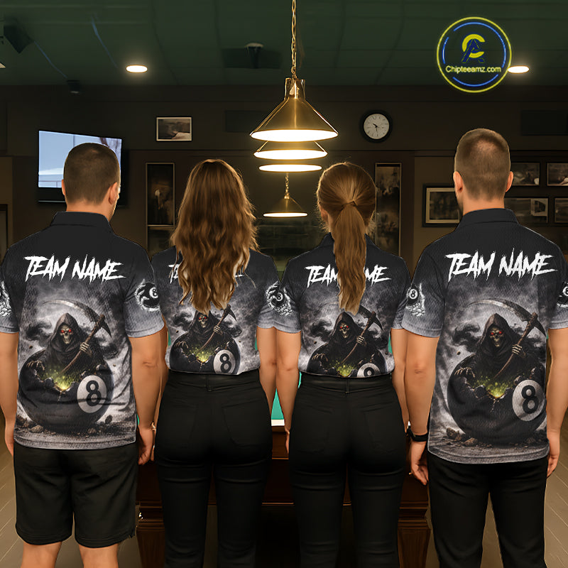 Grey Smoke Grim Reaper Cracked 8 Ball Pool Billiard Team Shirt Custom Billiard Jerseys For Women NYN2751