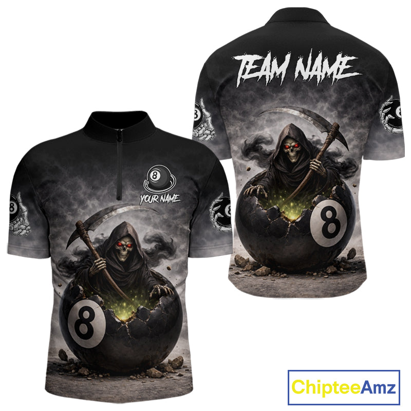 Grey Smoke Grim Reaper Cracked 8 Ball Pool Billiard Team Shirt Custom Billiard Jerseys For Men NYN2751