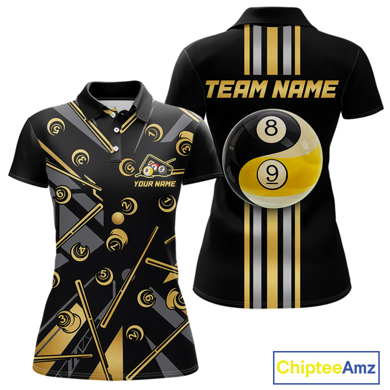 Black & Gold Yin And Yang 8 Ball & 9 Ball Pool Billiard Jerseys For Women Custom Billiard Team Shirt NYN2753