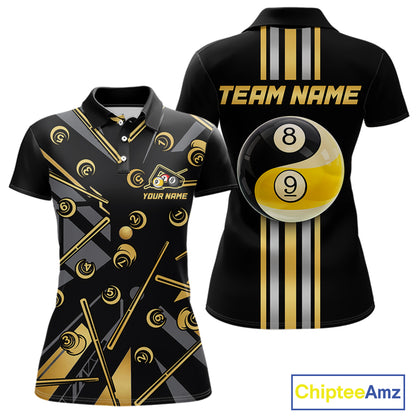 Black & Gold Yin And Yang 8 Ball & 9 Ball Pool Billiard Jerseys For Women Custom Billiard Team Shirt NYN2753