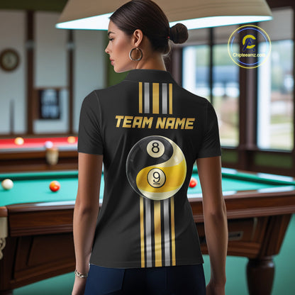 Black & Gold Yin And Yang 8 Ball & 9 Ball Pool Billiard Jerseys For Women Custom Billiard Team Shirt NYN2753