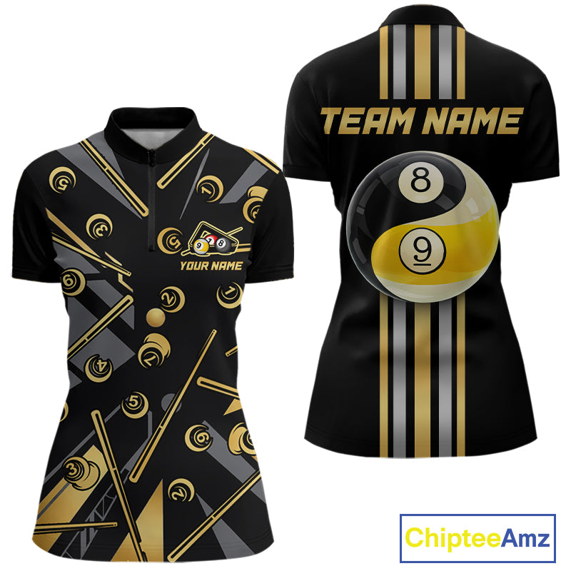 Black & Gold Yin And Yang 8 Ball & 9 Ball Pool Billiard Jerseys For Women Custom Billiard Team Shirt NYN2753