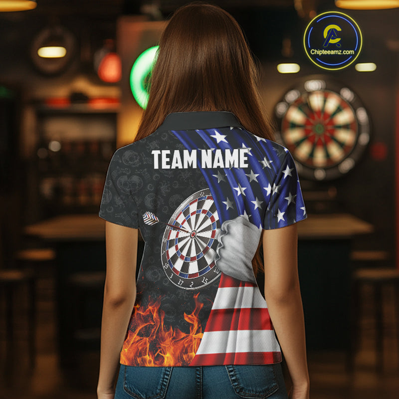 Custom Flame Dartboard Patriotic Dart Shirts For Women American Flag Dart Team Jerseys NYN0047