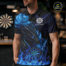 Load image into Gallery viewer, Personalized Men Dart Polo &amp; Quarter-Zip Shirt Custom Name Team Blue Flaming Dragon Dart Jersey NYN3359