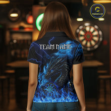 Load image into Gallery viewer, Personalized Women Dart Polo &amp; Quarter-Zip Shirt Custom Name Team Blue Flaming Dragon Dart Jersey NYN3359