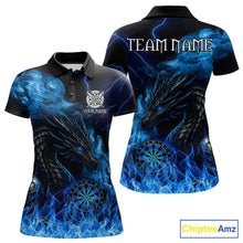 Load image into Gallery viewer, Personalized blue flaming dragon dart polo shirt for women custom darts team jersey