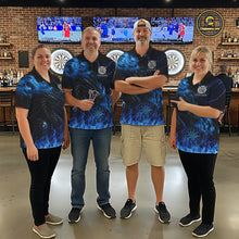Load image into Gallery viewer, Personalized Men Dart Polo &amp; Quarter-Zip Shirt Custom Name Team Blue Flaming Dragon Dart Jersey NYN3359