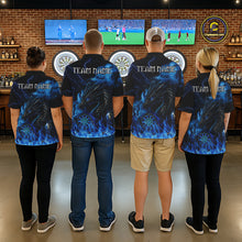 Load image into Gallery viewer, Personalized Men Dart Polo &amp; Quarter-Zip Shirt Custom Name Team Blue Flaming Dragon Dart Jersey NYN3359