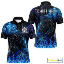 Load image into Gallery viewer, Personalized blue flaming dragon dart polo shirt for men custom darts team jersey