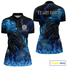 Load image into Gallery viewer, Personalized blue flaming dragon dart quarter zip shirt for women custom darts team jersey