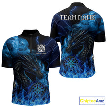 Load image into Gallery viewer, Personalized blue flaming dragon dart quarter zip shirt for men custom darts team jersey