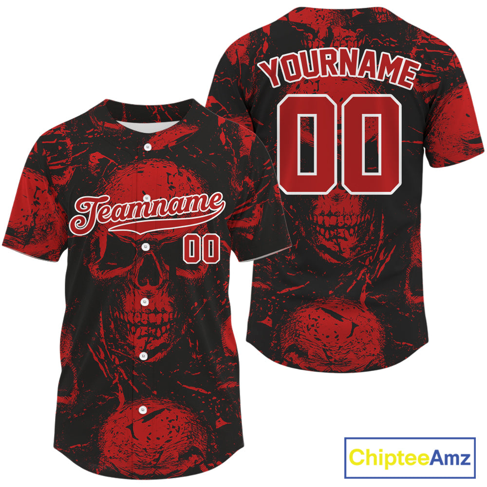 Custom Red Skulls Creepy Grunge Baseball Jersey For Men Halloween Baseball Team Shirt NYN1284