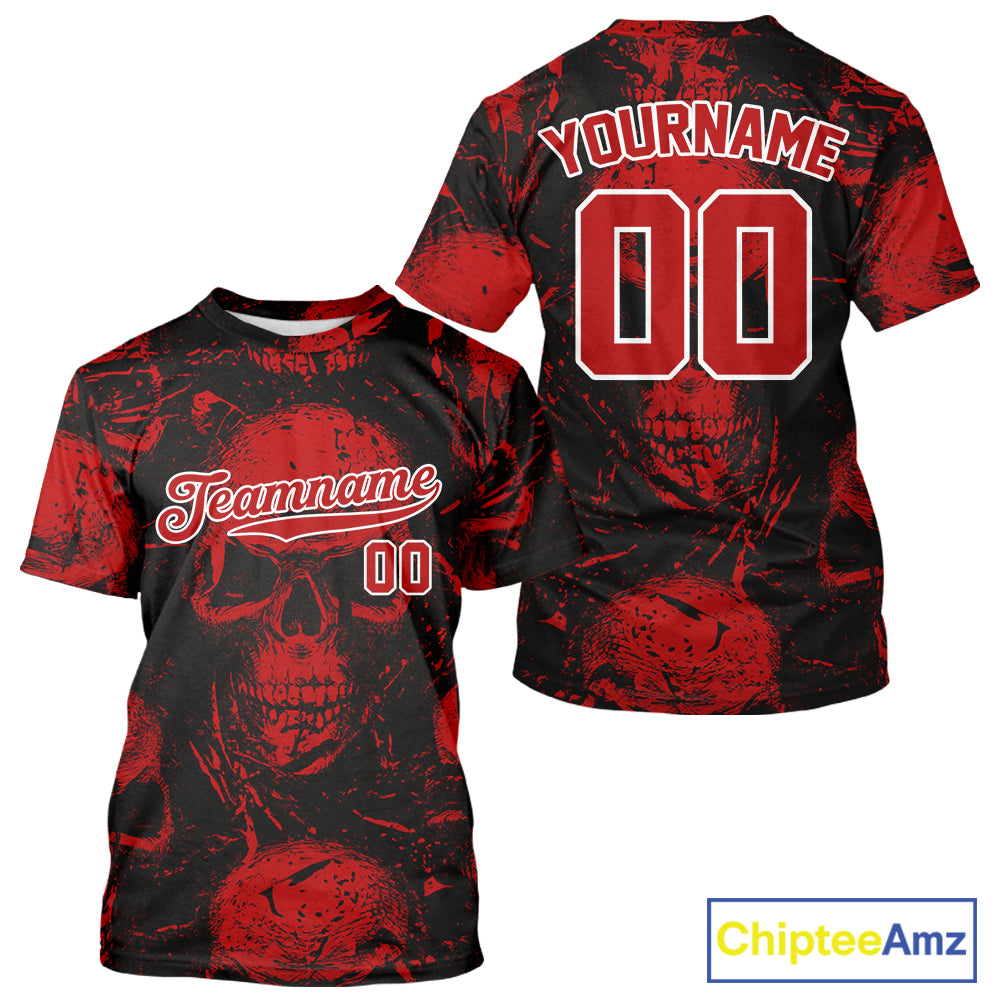 Custom Red Skulls Creepy Grunge Baseball T-Shirt For Men Halloween Baseball Team Shirt NYN1284
