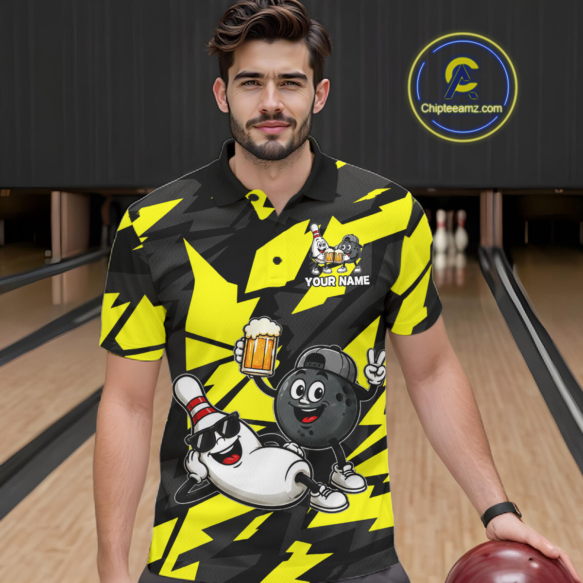 Funny Bowling Pins & Ball Bowling Jersey For Men Custom Cheer Beer Bowling Team Shirts| Yellow NYN4303