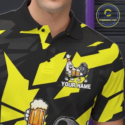 Funny Bowling Pins & Ball Bowling Jersey For Men Custom Cheer Beer Bowling Team Shirts| Yellow NYN4303