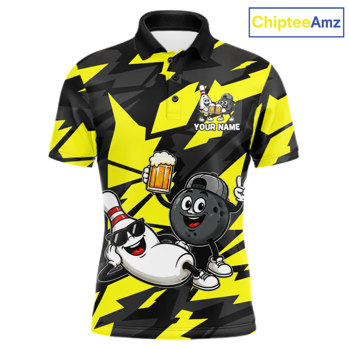 Funny Bowling Pins & Ball Bowling Jersey For Men Custom Cheer Beer Bowling Team Shirts| Yellow NYN4303