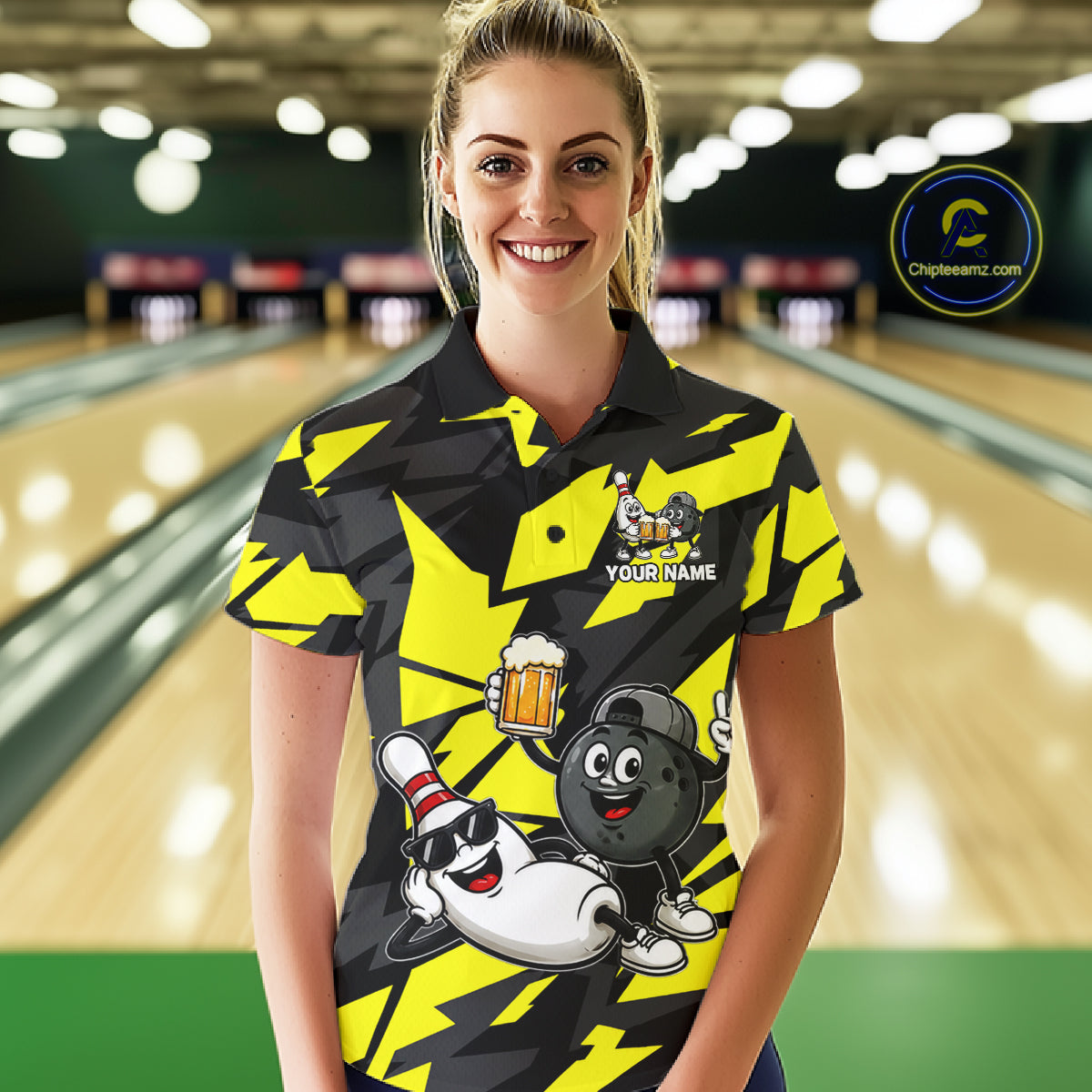 Funny Bowling Pins & Ball Bowling Jersey For Women Custom Cheer Beer Bowling Team Shirts| Yellow NYN4303