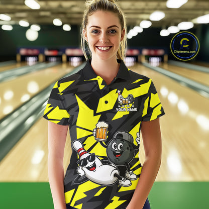 Funny Bowling Pins & Ball Bowling Jersey For Women Custom Cheer Beer Bowling Team Shirts| Yellow NYN4303