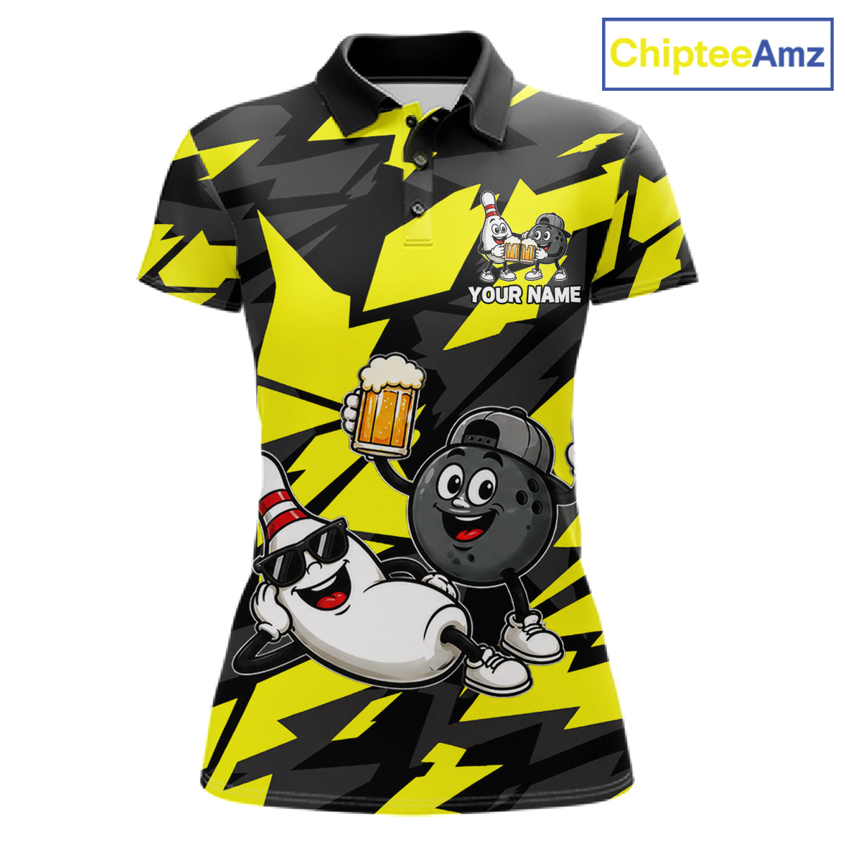 Funny Bowling Pins & Ball Bowling Jersey For Women Custom Cheer Beer Bowling Team Shirts| Yellow NYN4303