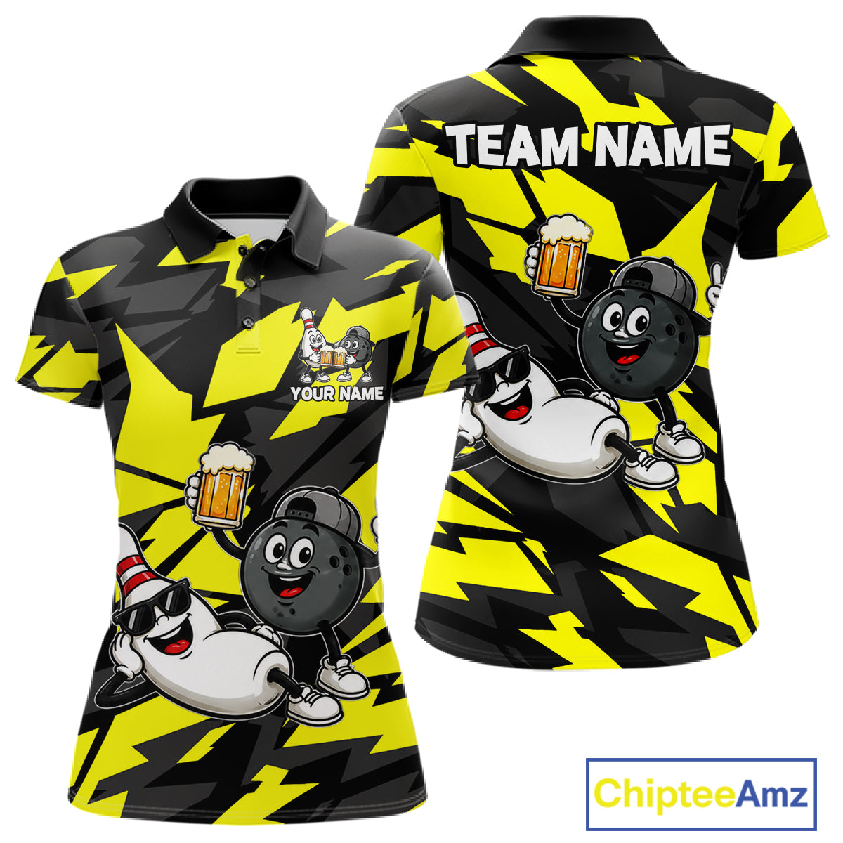 Funny Bowling Pins & Ball Bowling Jersey For Women Custom Cheer Beer Bowling Team Shirts| Yellow NYN4303