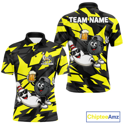 Funny Bowling Pins & Ball Bowling Jersey For Men Custom Cheer Beer Bowling Team Shirts| Yellow NYN4303