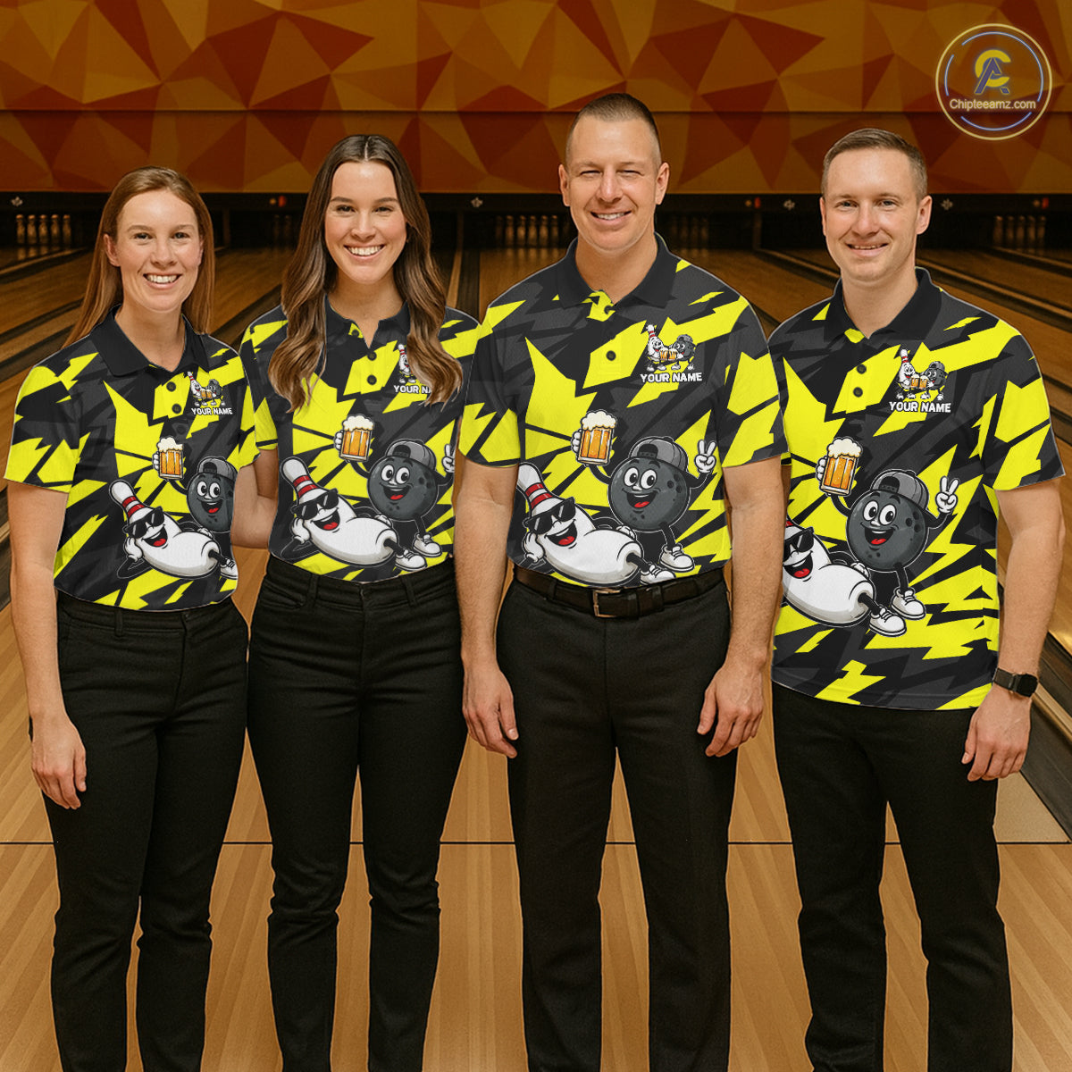 Funny Bowling Pins & Ball Bowling Jersey For Men Custom Cheer Beer Bowling Team Shirts| Yellow NYN4303