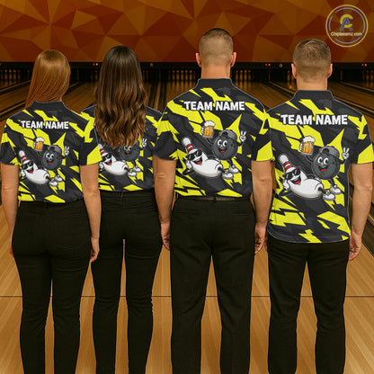 Funny Bowling Pins & Ball Bowling Jersey For Men Custom Cheer Beer Bowling Team Shirts| Yellow NYN4303