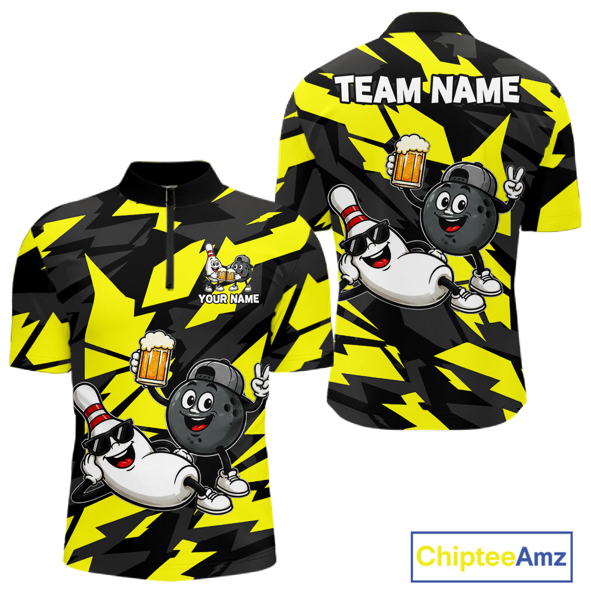 Funny Bowling Pins & Ball Bowling Jersey For Men Custom Cheer Beer Bowling Team Shirts| Yellow NYN4303