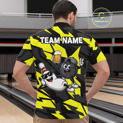 Funny Bowling Pins & Ball Bowling Jersey For Men Custom Cheer Beer Bowling Team Shirts| Yellow NYN4303