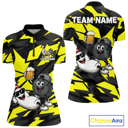 Funny Bowling Pins & Ball Bowling Jersey For Women Custom Cheer Beer Bowling Team Shirts| Yellow NYN4303