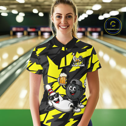Funny Bowling Pins & Ball Bowling Jersey For Women Custom Cheer Beer Bowling Team Shirts| Yellow NYN4303