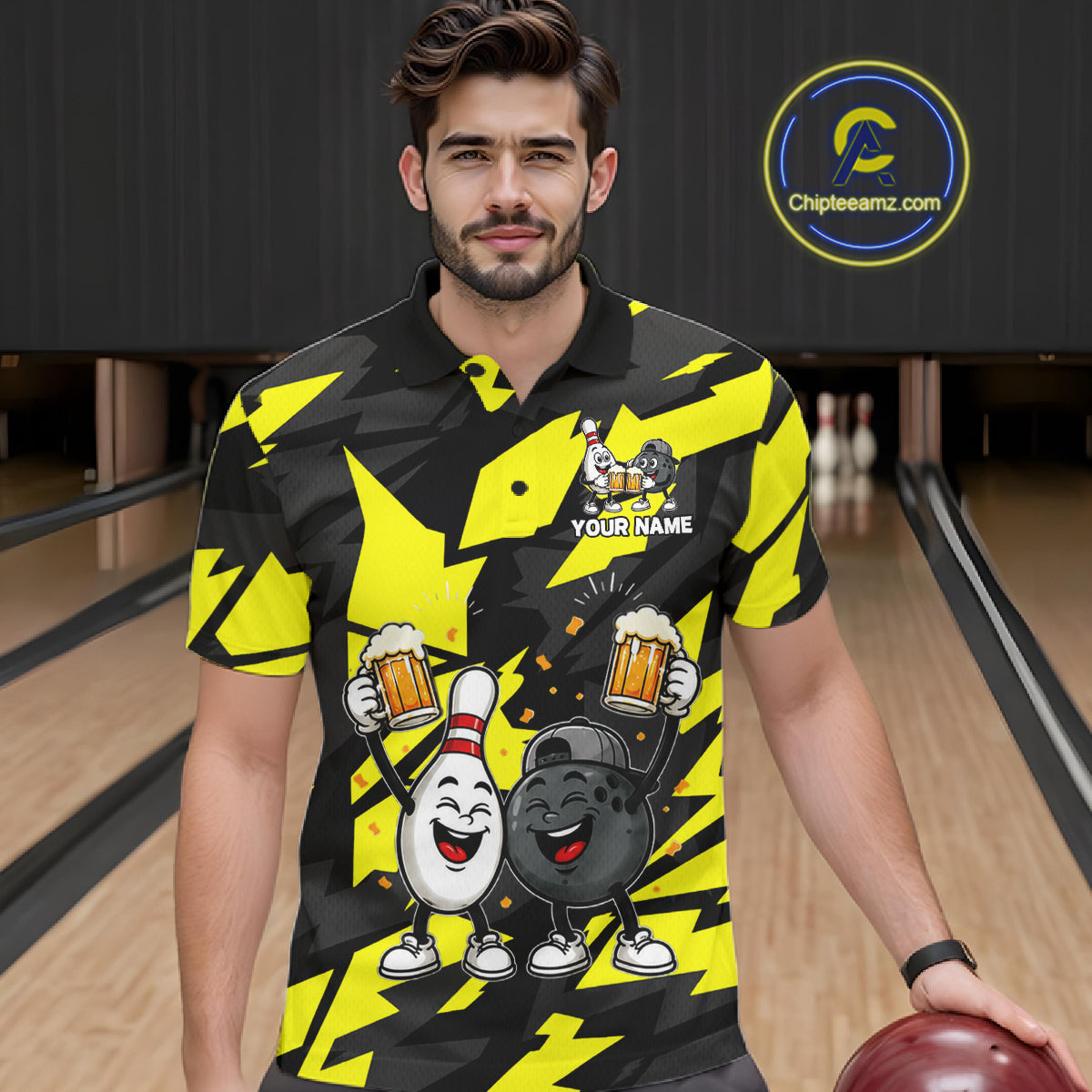 Drunk Bowling Pins & Ball Funny Bowling Jersey For Men Custom Cheer Beer Bowling Team Shirts| Yellow NYN4304
