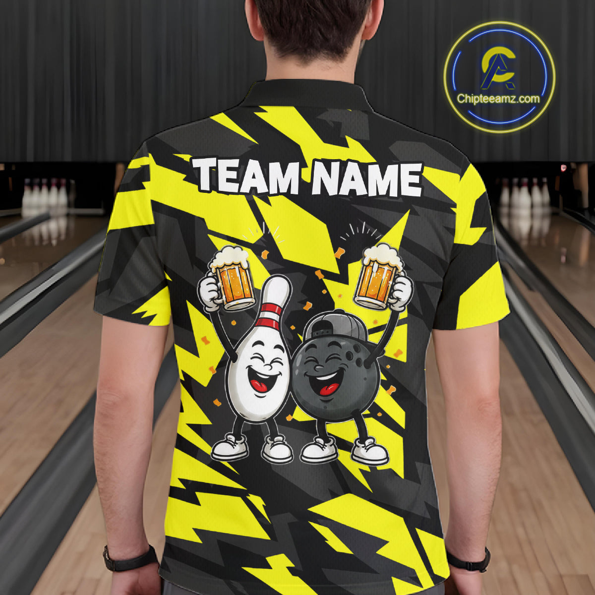 Drunk Bowling Pins & Ball Funny Bowling Jersey For Men Custom Cheer Beer Bowling Team Shirts| Yellow NYN4304