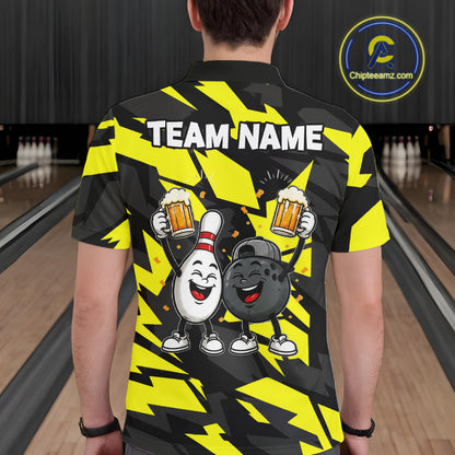 Drunk Bowling Pins & Ball Funny Bowling Jersey For Men Custom Cheer Beer Bowling Team Shirts| Yellow NYN4304