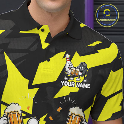 Drunk Bowling Pins & Ball Funny Bowling Jersey For Men Custom Cheer Beer Bowling Team Shirts| Yellow NYN4304