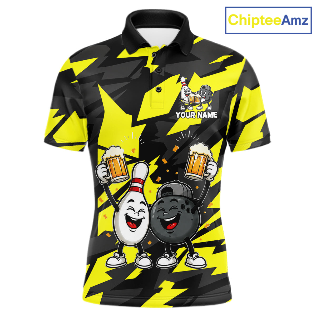 Drunk Bowling Pins & Ball Funny Bowling Jersey For Men Custom Cheer Beer Bowling Team Shirts| Yellow NYN4304