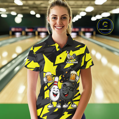 Drunk Bowling Pins & Ball Funny Bowling Jersey For Women Custom Cheer Beer Bowling Team Shirts| Yellow NYN4304