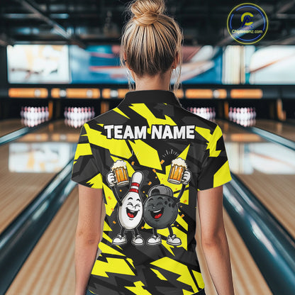 Drunk Bowling Pins & Ball Funny Bowling Jersey For Women Custom Cheer Beer Bowling Team Shirts| Yellow NYN4304