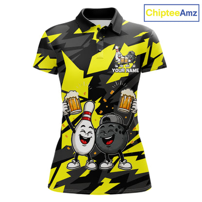 Drunk Bowling Pins & Ball Funny Bowling Jersey For Women Custom Cheer Beer Bowling Team Shirts| Yellow NYN4304