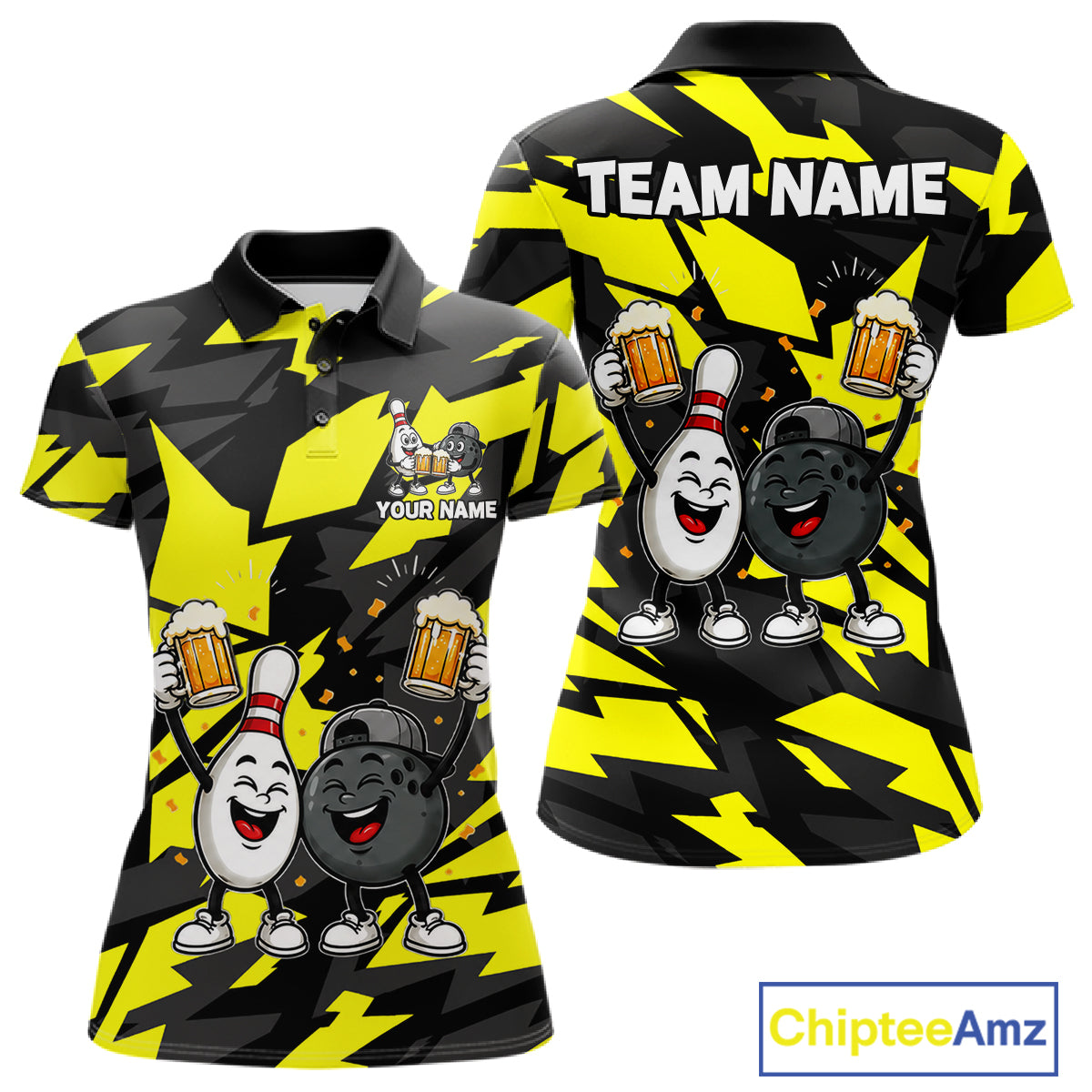 Drunk Bowling Pins & Ball Funny Bowling Jersey For Women Custom Cheer Beer Bowling Team Shirts| Yellow NYN4304