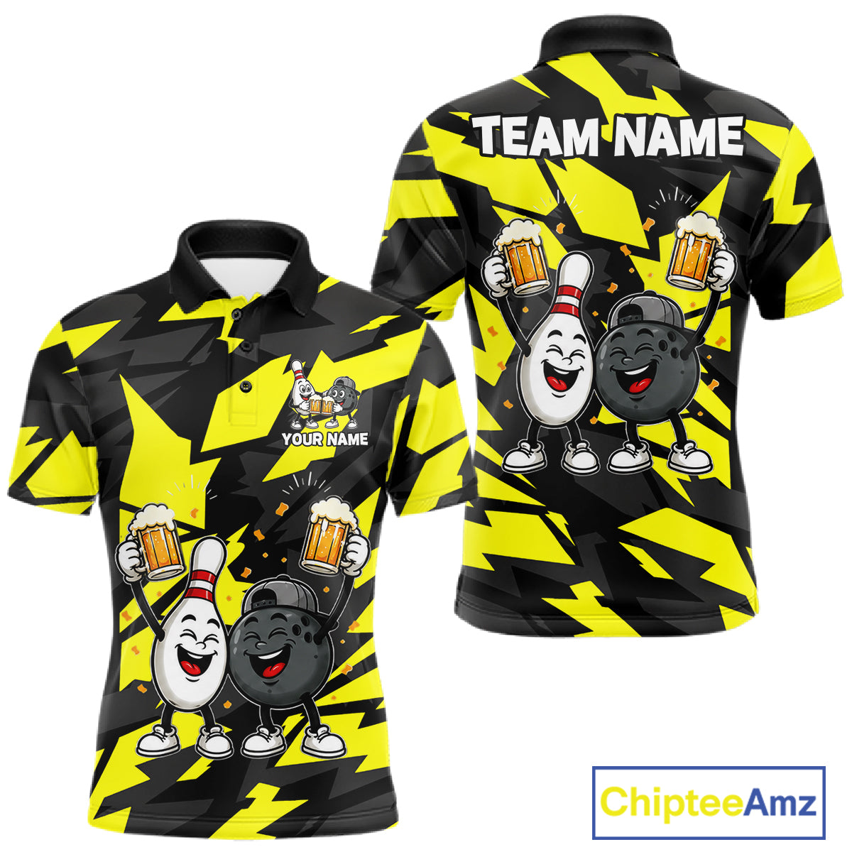 Drunk Bowling Pins & Ball Funny Bowling Jersey For Men Custom Cheer Beer Bowling Team Shirts| Yellow NYN4304