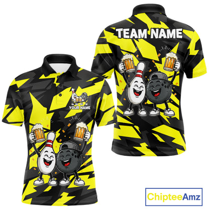 Drunk Bowling Pins & Ball Funny Bowling Jersey For Men Custom Cheer Beer Bowling Team Shirts| Yellow NYN4304