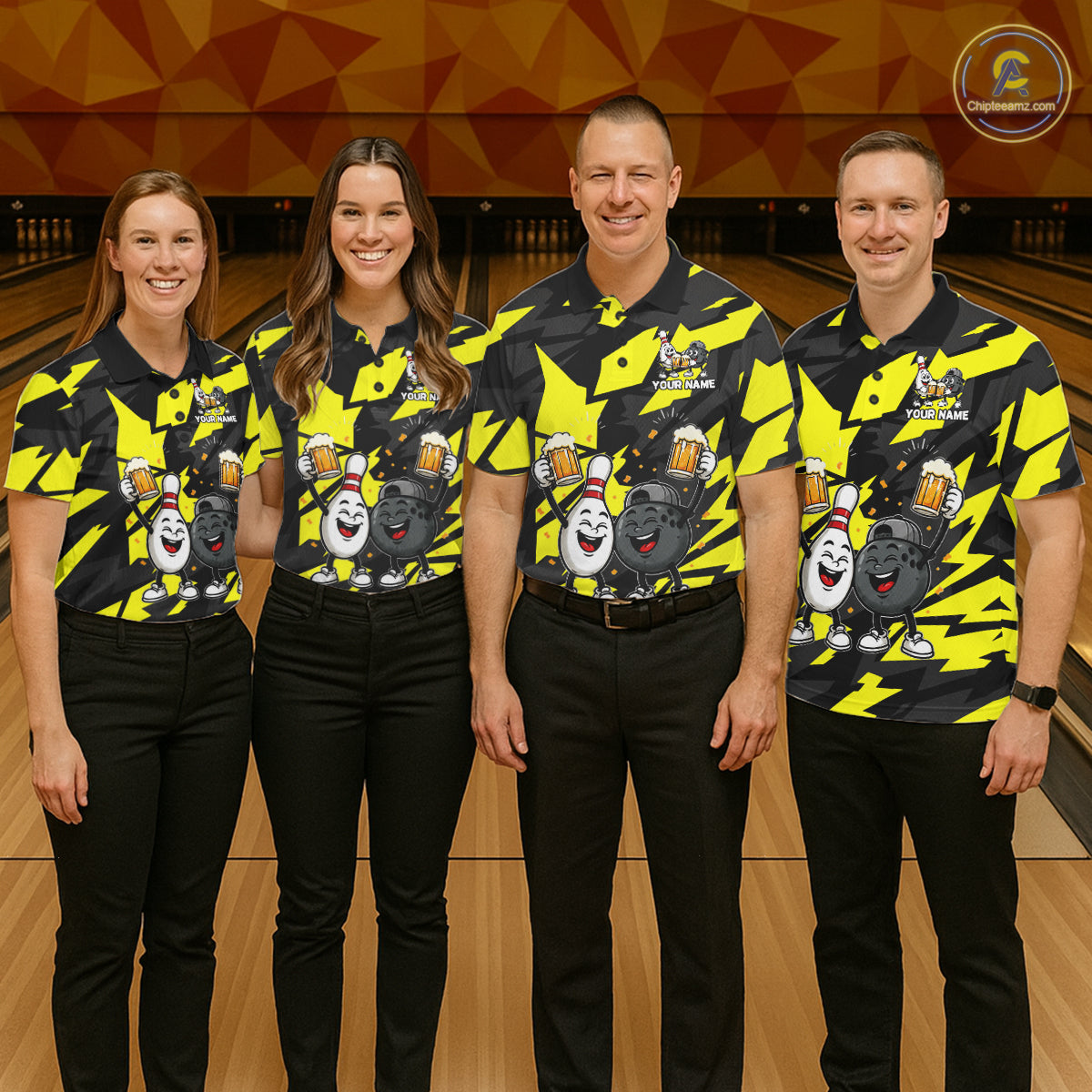 Drunk Bowling Pins & Ball Funny Bowling Jersey For Men Custom Cheer Beer Bowling Team Shirts| Yellow NYN4304