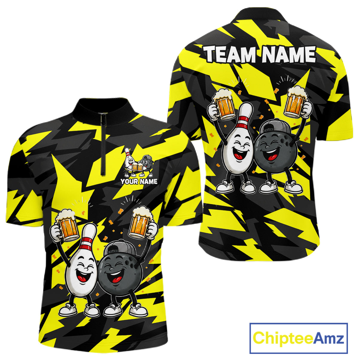 Drunk Bowling Pins & Ball Funny Bowling Jersey For Men Custom Cheer Beer Bowling Team Shirts| Yellow NYN4304