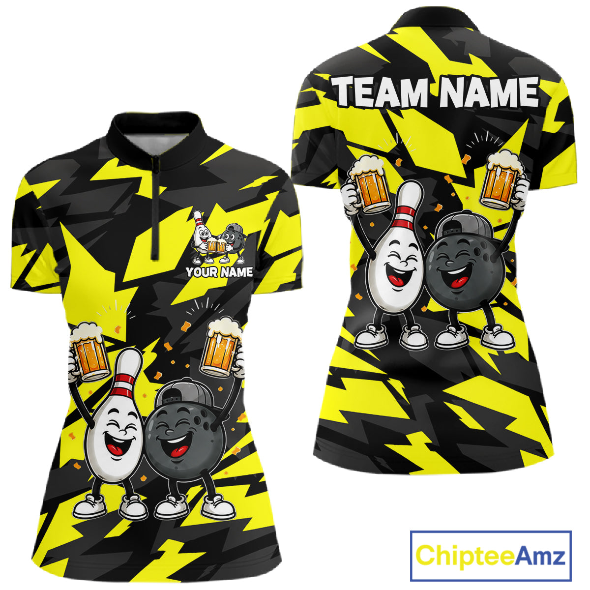 Drunk Bowling Pins & Ball Funny Bowling Jersey For Women Custom Cheer Beer Bowling Team Shirts| Yellow NYN4304