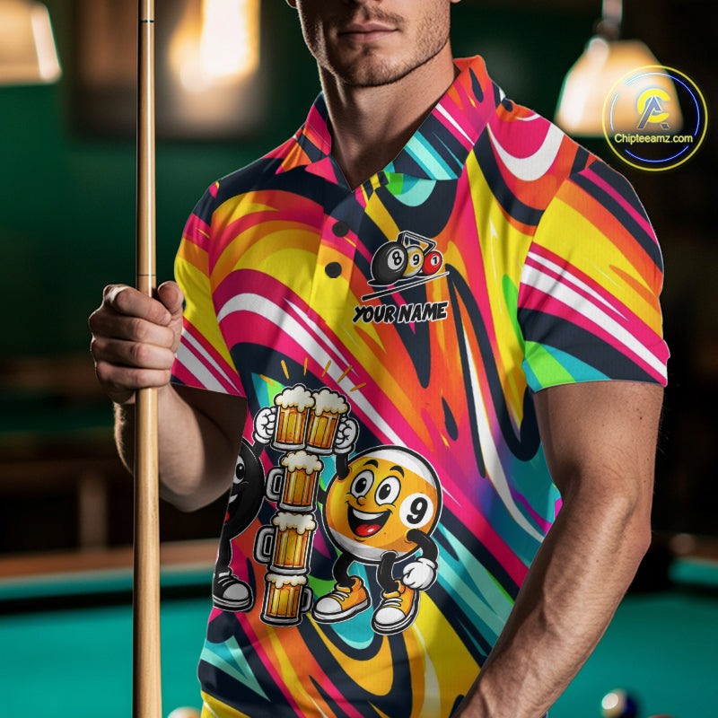 Drunk 8 Ball & 9 Ball Funny Colorful Billiard Shirts For Men Custom Cheer Beer Billiard Team Shirts NYN4305