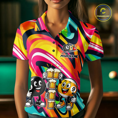 Drunk 8 Ball & 9 Ball Funny Colorful Billiard Shirts For Women Custom Cheer Beer Billiard Team Shirts NYN4305
