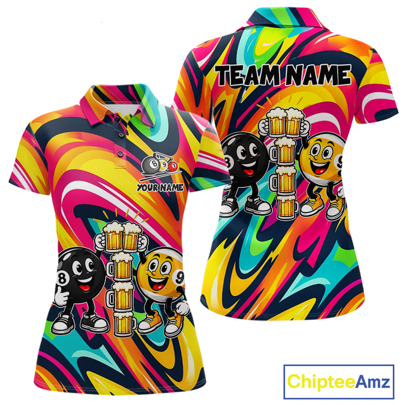 Drunk 8 Ball & 9 Ball Funny Colorful Billiard Shirts For Women Custom Cheer Beer Billiard Team Shirts NYN4305
